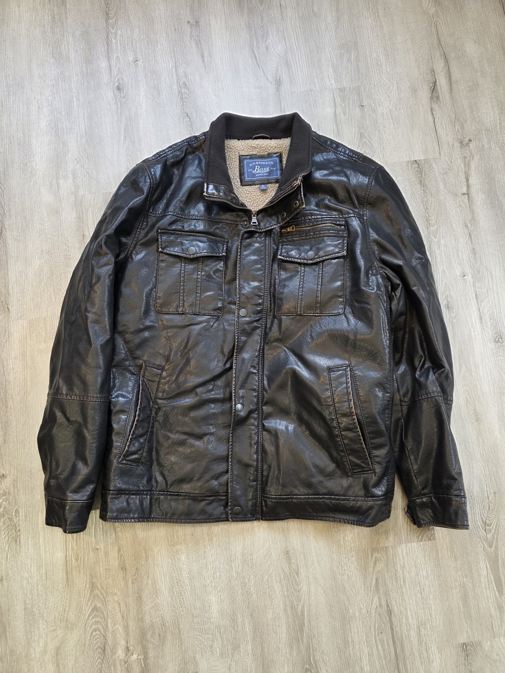 G.H.Bass Sherpa Lined Faux Leather Trucker Jacket Men’s XL Black Zip Front Warm